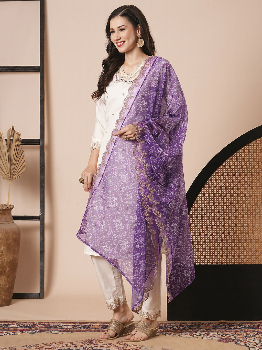 Off White Roman Silk Embroidery Work, Printed Kurta Set - Riya | Grocsy