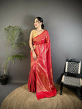 Joban Fashion Red Floral & Paisley Motifs Soft Satin Silk Banarasi Saree | Grocsy