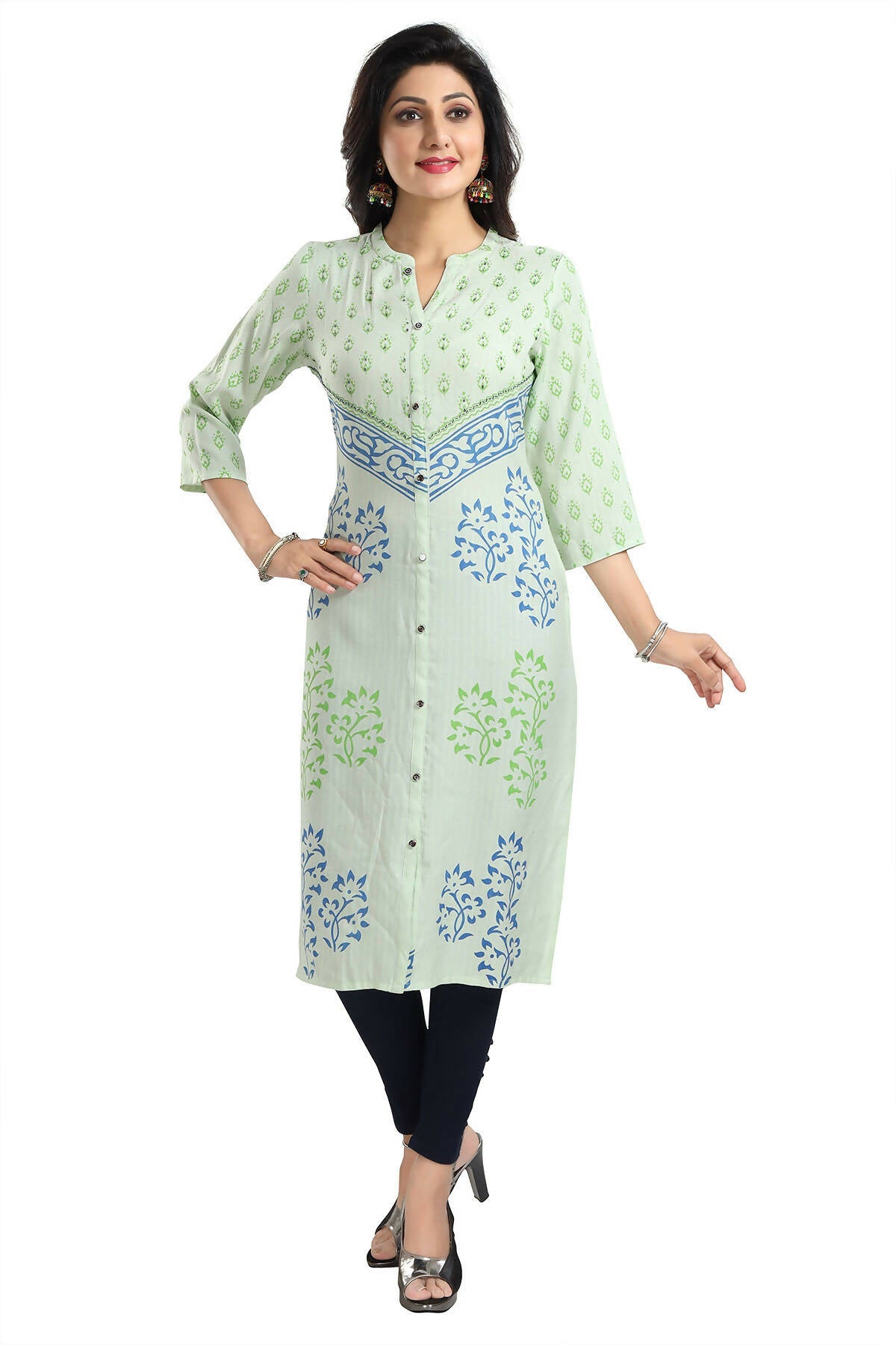 Snehal Creations Green Rayon Textured Print Long Kurta For Women | Grocsy