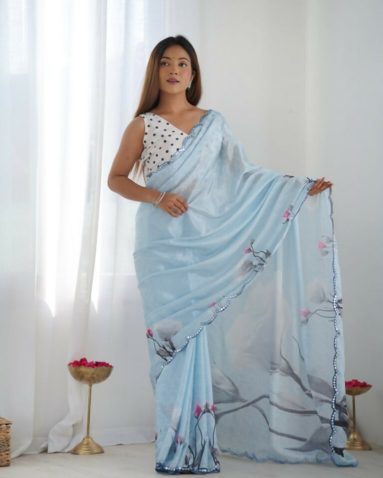 Sky Blue Chinon Designer Digital Printed & Mirror Cut Work Saree - Kriti | Grocsy
