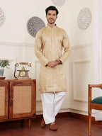 Beige Viscose Woven Jacquard Work Men's Rajwadi Kurta Set - Mahotsav | Grocsy