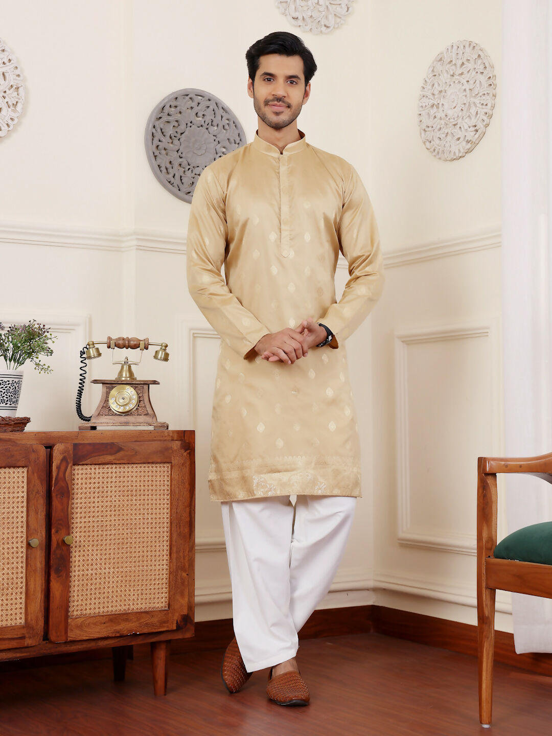 Beige Viscose Woven Jacquard Work Men's Rajwadi Kurta Set - Mahotsav | Grocsy