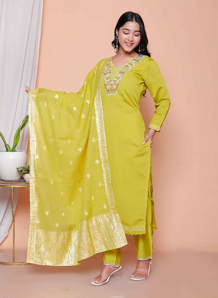 Miravan Womens Muslin Yellow Kurta And Palazzo With Dupatta Set | Grocsy