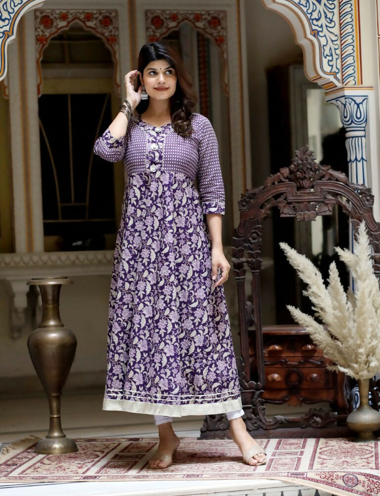 Miravan Women's Purple Cotton Floral Gota Lace Work Anarkali Kurta | Grocsy