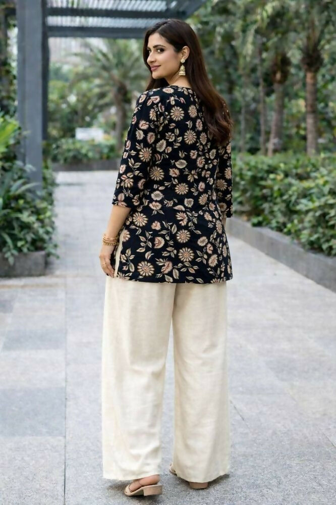 Teeya Creation Womens New Trendy Black Floral Printed Short Kurti with Beige Palazzo Set | Grocsy