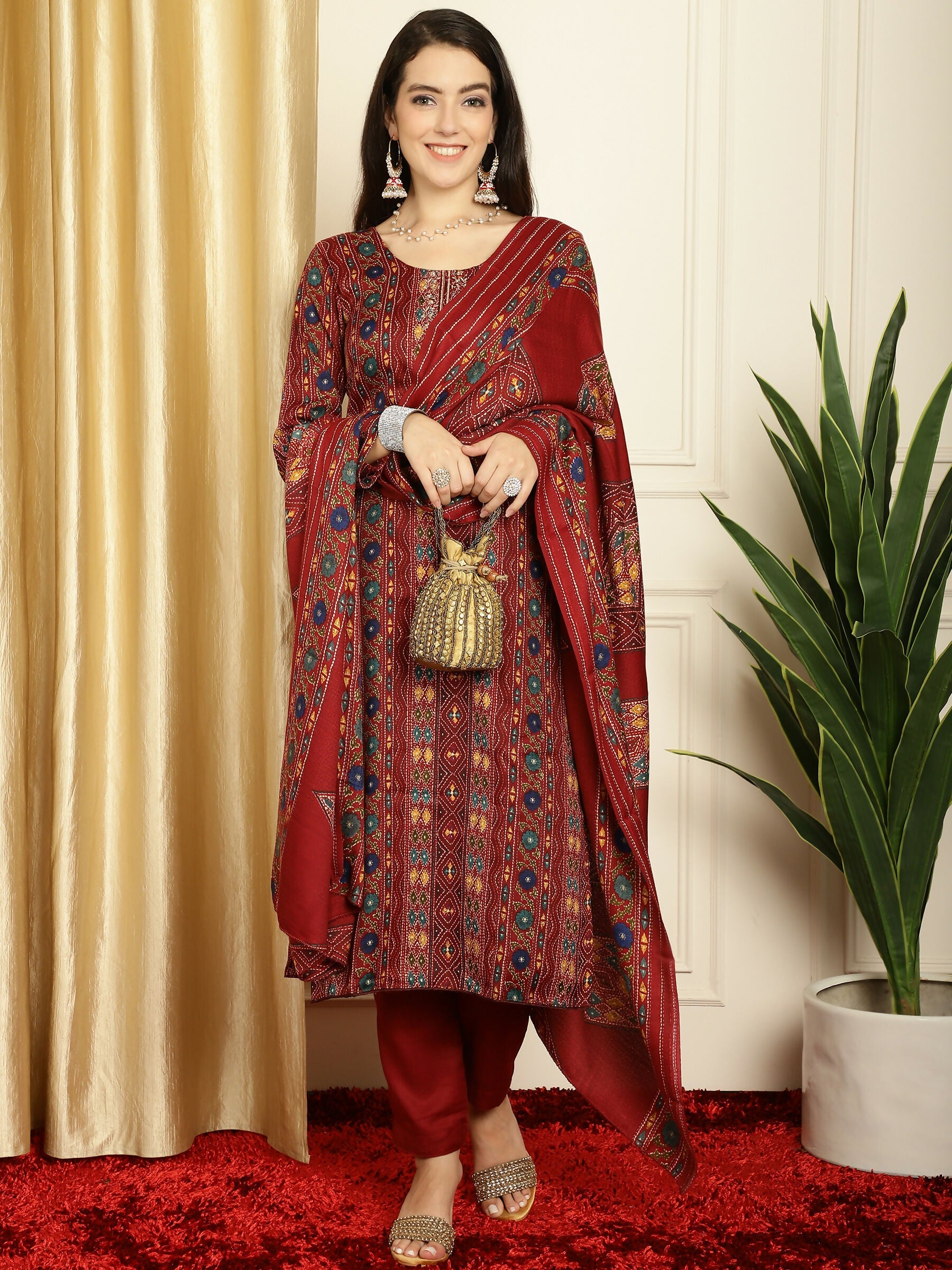 Jyoti Fashion Women's Maroon Pashmina Floral Digital Printed Kurta with Trouser & Dupatta | Grocsy