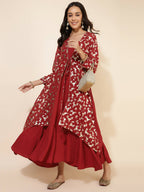 Janasya Women's Red Georgette Foil Printed Festive Flared Dress Set | Grocsy