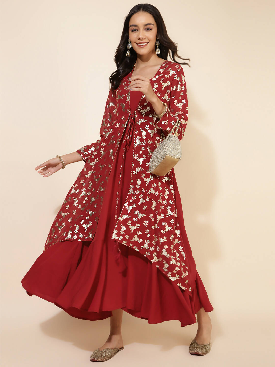 Janasya Women's Red Georgette Foil Printed Festive Flared Dress Set | Grocsy