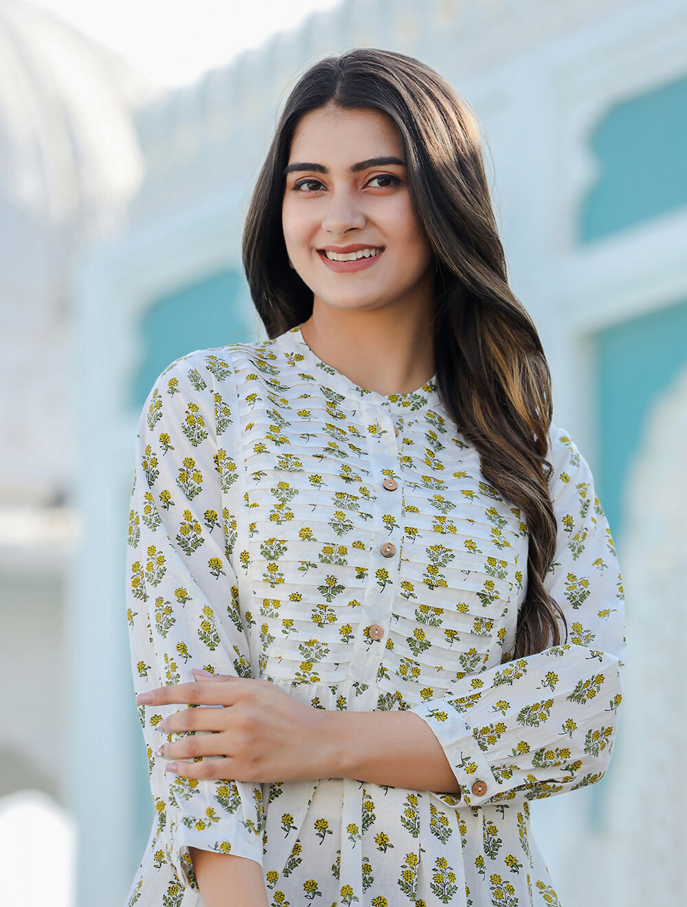 Kaajh Women's Yellow-White Floral Hand Block Printed Cotton Top | Grocsy