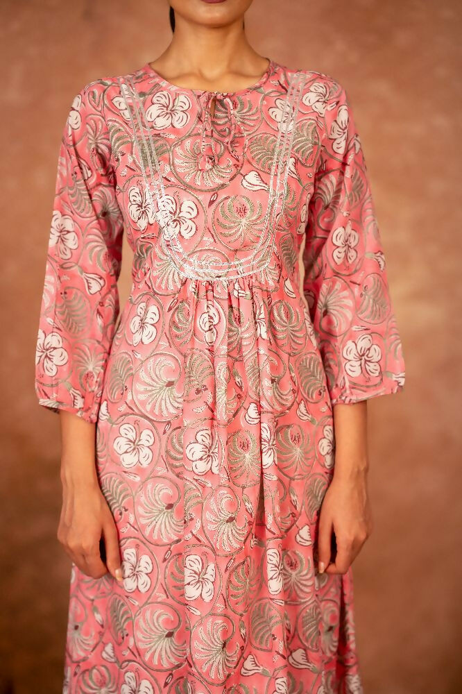Joban Fashion Pink Floral Hand Block Printed Cotton Kurta Pant Set | Grocsy