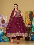 Jyoti Fashion Women's Rani Pink Georgette Embroidered Anarkali Kurta Pant Set With Dupatta | Grocsy