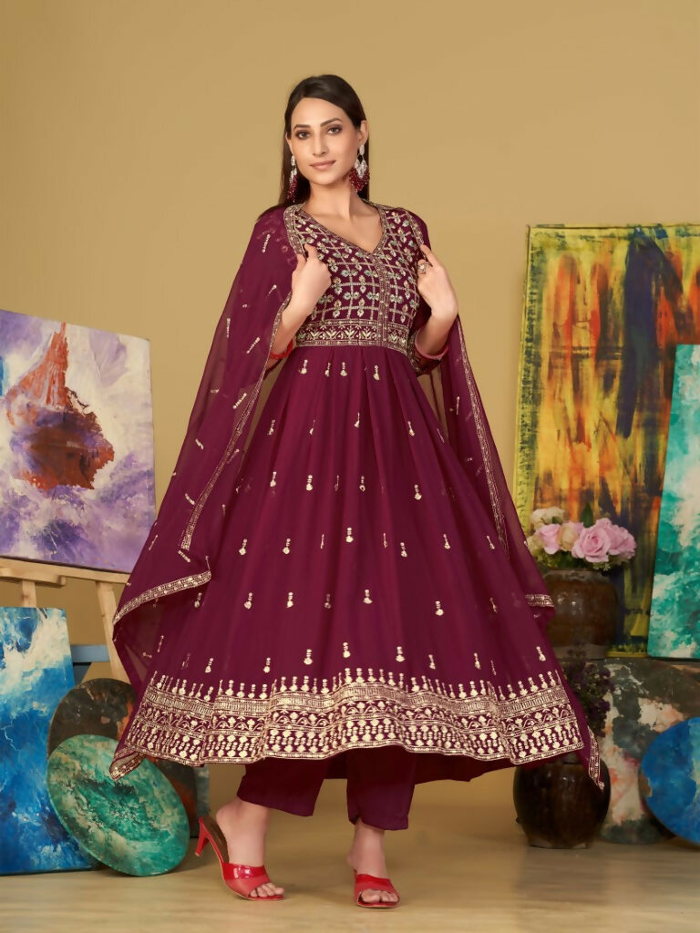 Jyoti Fashion Women's Rani Pink Georgette Embroidered Anarkali Kurta Pant Set With Dupatta | Grocsy