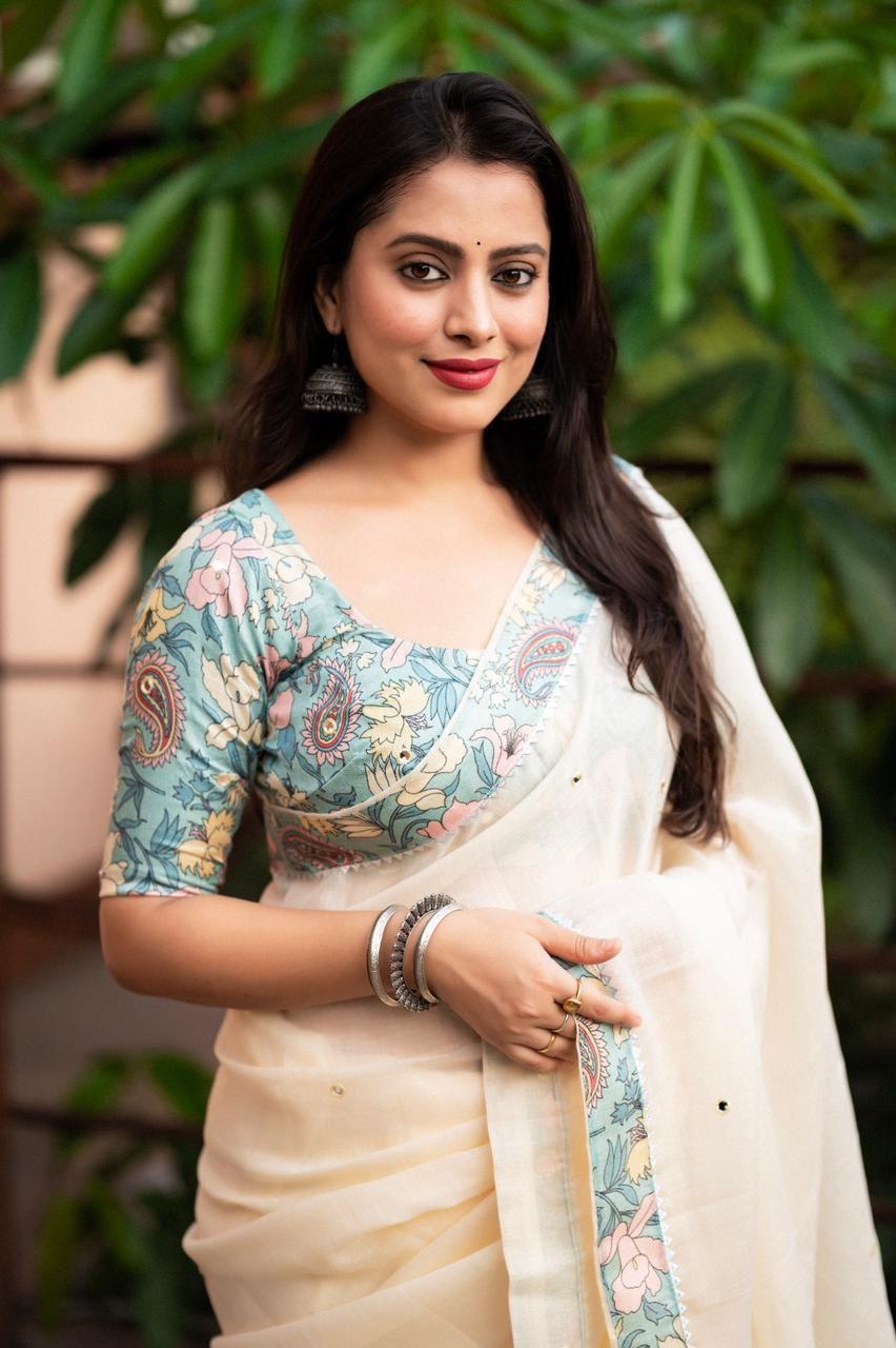 Blue Pure Linen Ethnic Motifs Saree with Unstitched Blouse - A2M | Grocsy