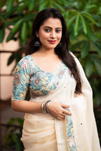 Blue Pure Linen Ethnic Motifs Saree with Unstitched Blouse - A2M | Grocsy