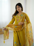 The52 Yellow Women's Gorgeous Embroidered work Viscose Gadhwal Fabric Straight Kurta, Pant and Dupatta Set | Grocsy