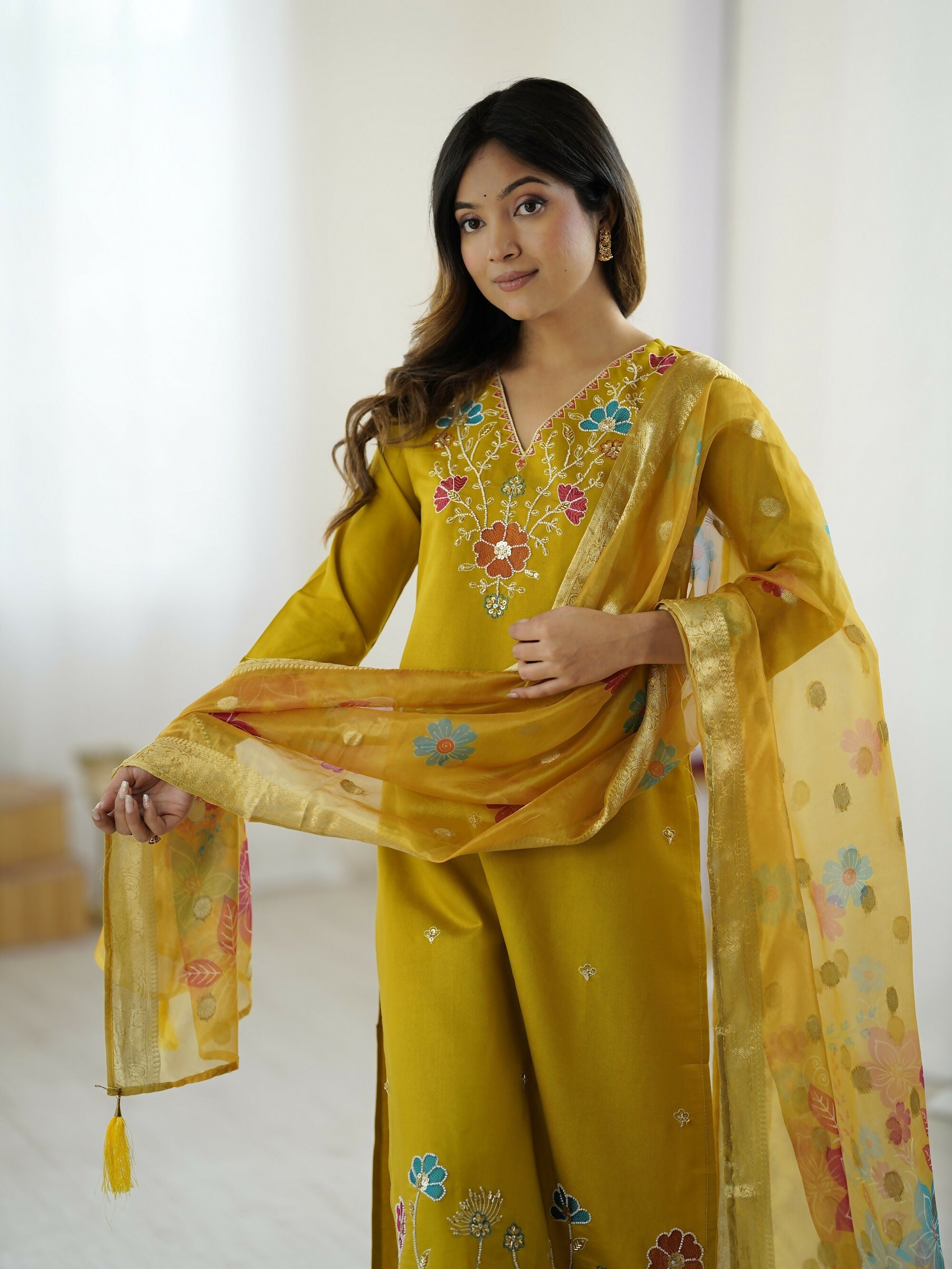 The52 Yellow Women's Gorgeous Embroidered work Viscose Gadhwal Fabric Straight Kurta, Pant and Dupatta Set | Grocsy