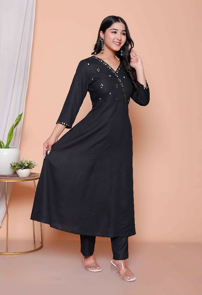 Miravan Womens Black Mirror Work Angrakha Kurta And Palazzo Set | Grocsy