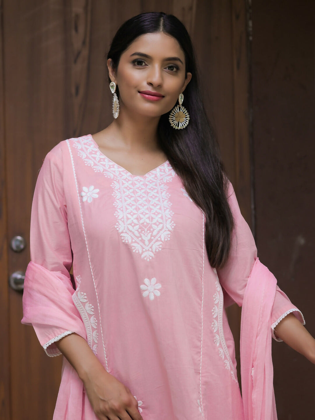 The52 Women's Beautiful Thread Work Cotton satin Fabric Flared Kurta Pant and Dupatta Set | Grocsy