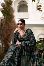 Vastranavya Bottle Green Lurex Brasso Floral Printed Saree with Unstitched Blouse | Grocsy