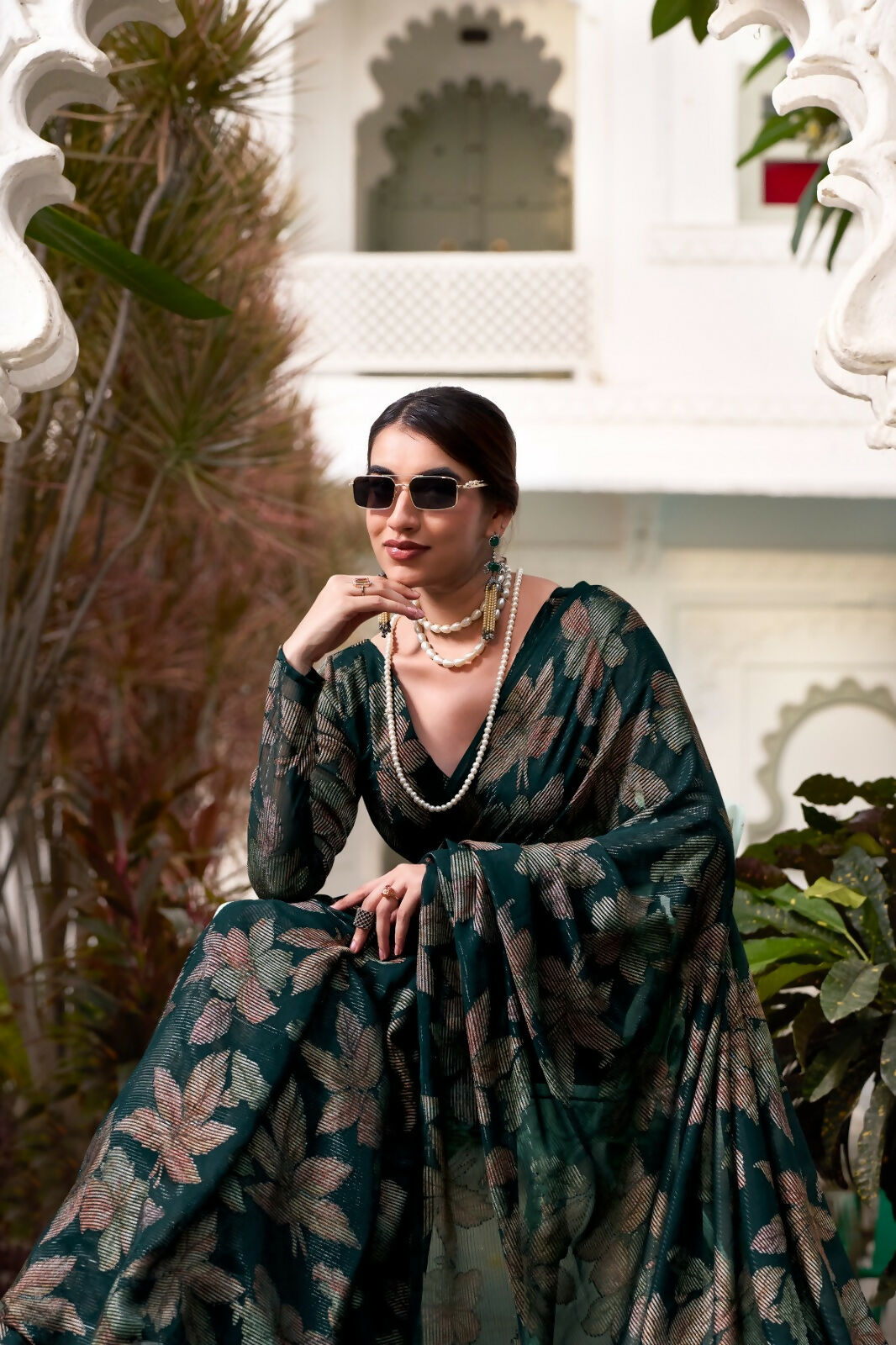 Vastranavya Bottle Green Lurex Brasso Floral Printed Saree with Unstitched Blouse | Grocsy