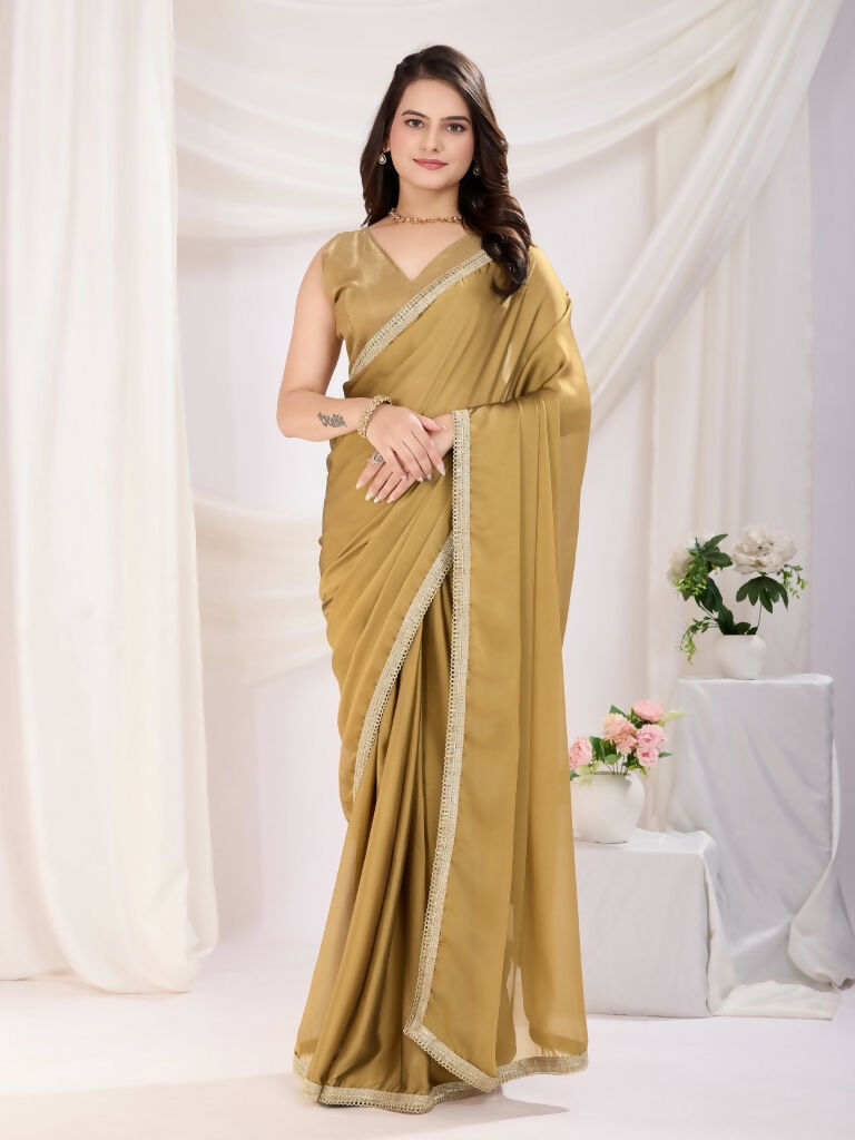 Chiku Rangoli Silk Solid, Lace Border Ready To Wear Saree - Kashvi | Grocsy