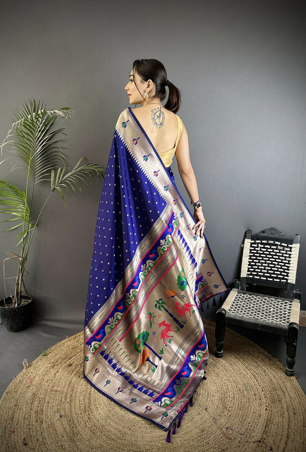 Joban Fashion Royal Blue Peacock & Floral Motifs Soft Lichi Silk Kanchipuram Saree | Grocsy