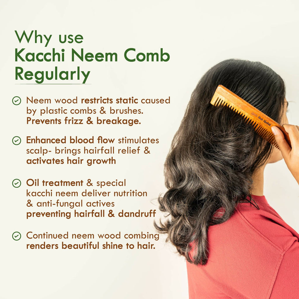Nat Habit Kacchi Neem Wooden Comb - Soaked In 13 Herbs, Neem & Sesame Oil For Multi-Actions | Grocsy
