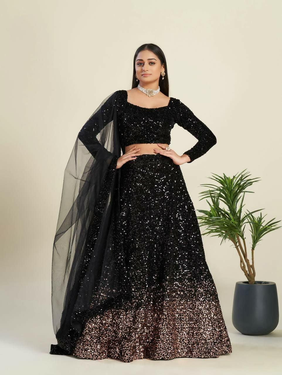 Jyoti Fashion Women's Black Velvet Heavy Sequins Semi Stitched Designer Lehenga Choli Set | Grocsy