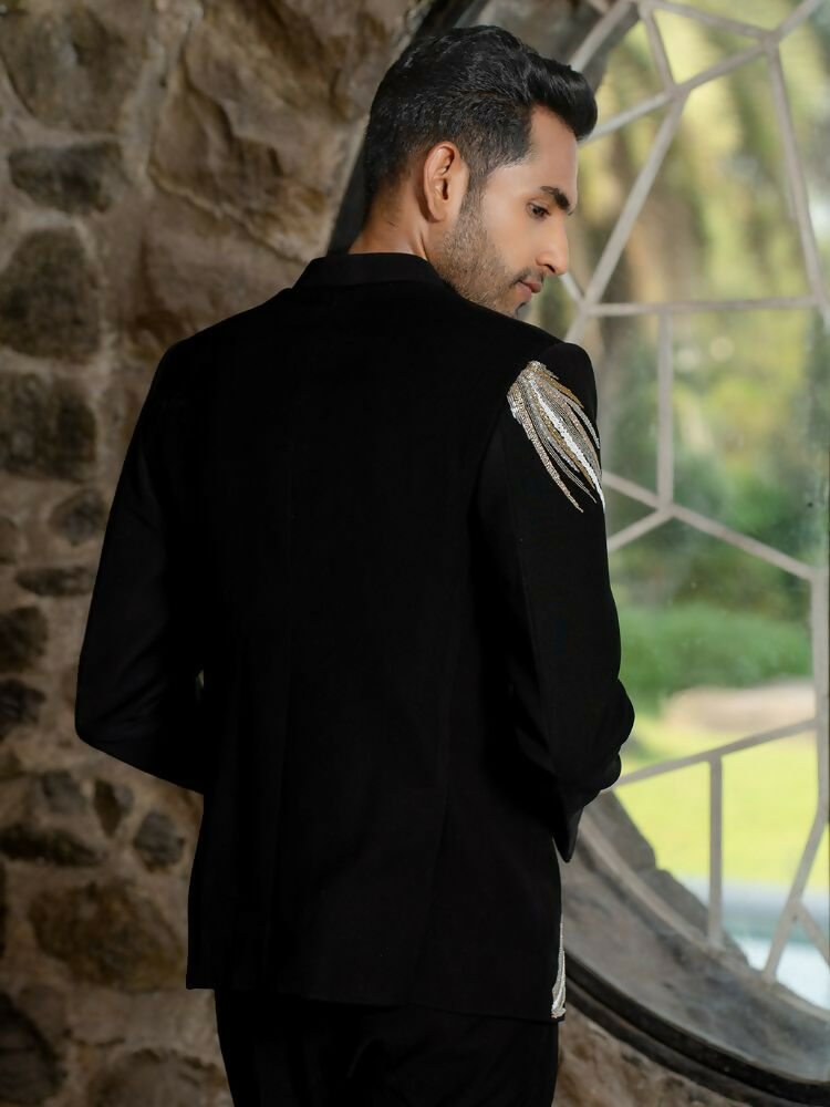 Black Bandhgala Elegance – Peacock Embroidery by Hilo Design | Grocsy