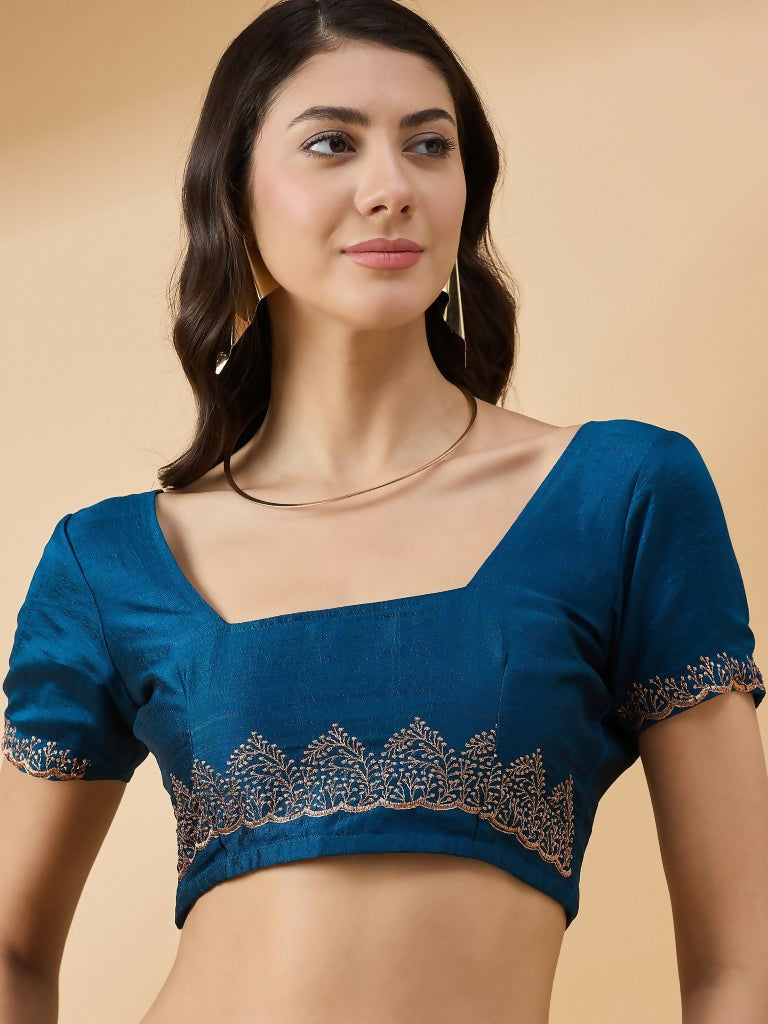Blue Silk Blend Embroidered Saree with Unstitched Blouse - Vairagi | Grocsy