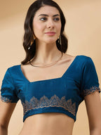 Blue Silk Blend Embroidered Saree with Unstitched Blouse - Vairagi | Grocsy