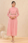 Juniper Women Pink Chiffon Woven Design Flared Dress | Grocsy