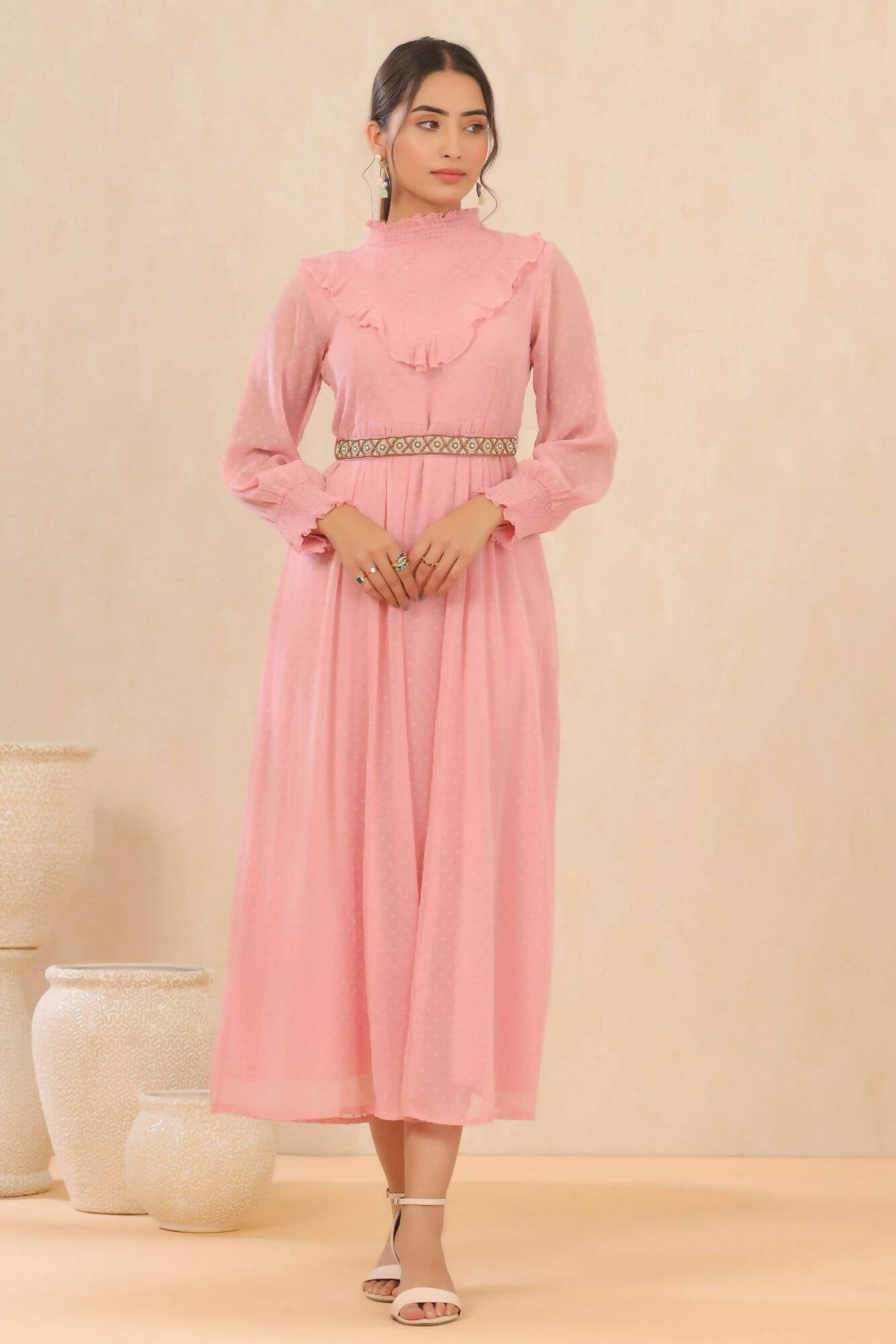 Juniper Women Pink Chiffon Woven Design Flared Dress | Grocsy