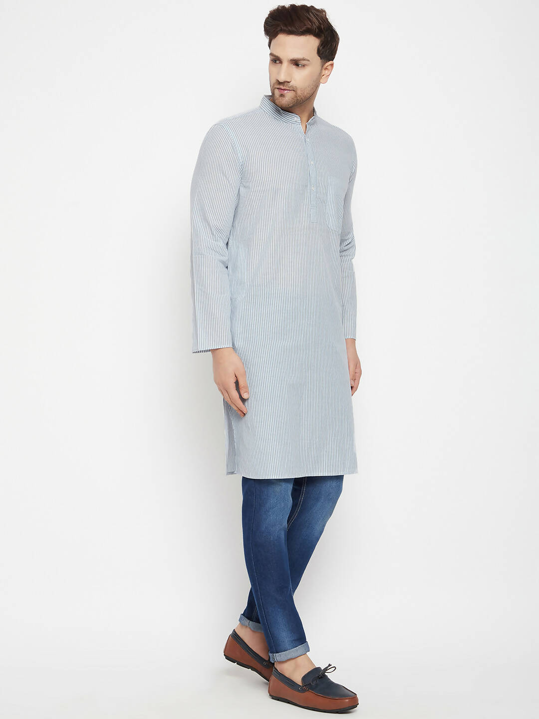 Even Apparels Grey Pure Cotton Men's Long Kurta With Band Collar | Grocsy