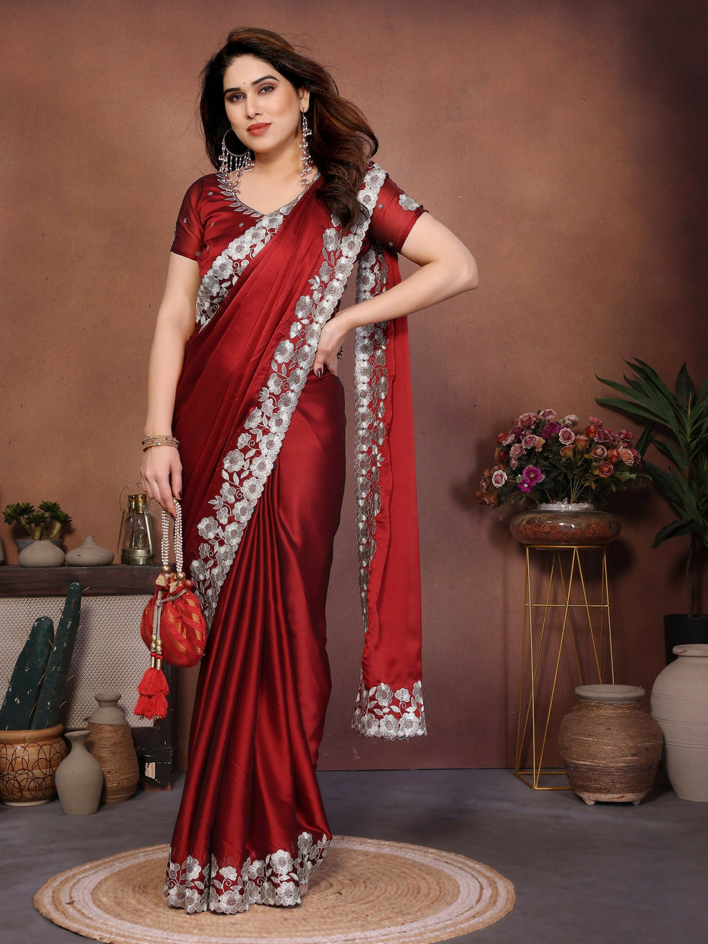 Teeya Creation New Trendy Stylish Party Wear Silk Saree-Red | Grocsy