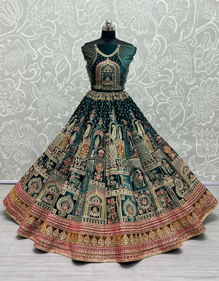 Jyoti Fashion Women's Teal Green Velvet Fancy Dori & Sequins with Multi Thread Embroidered with Diamond Work Wedding Lehenga Choli | Grocsy