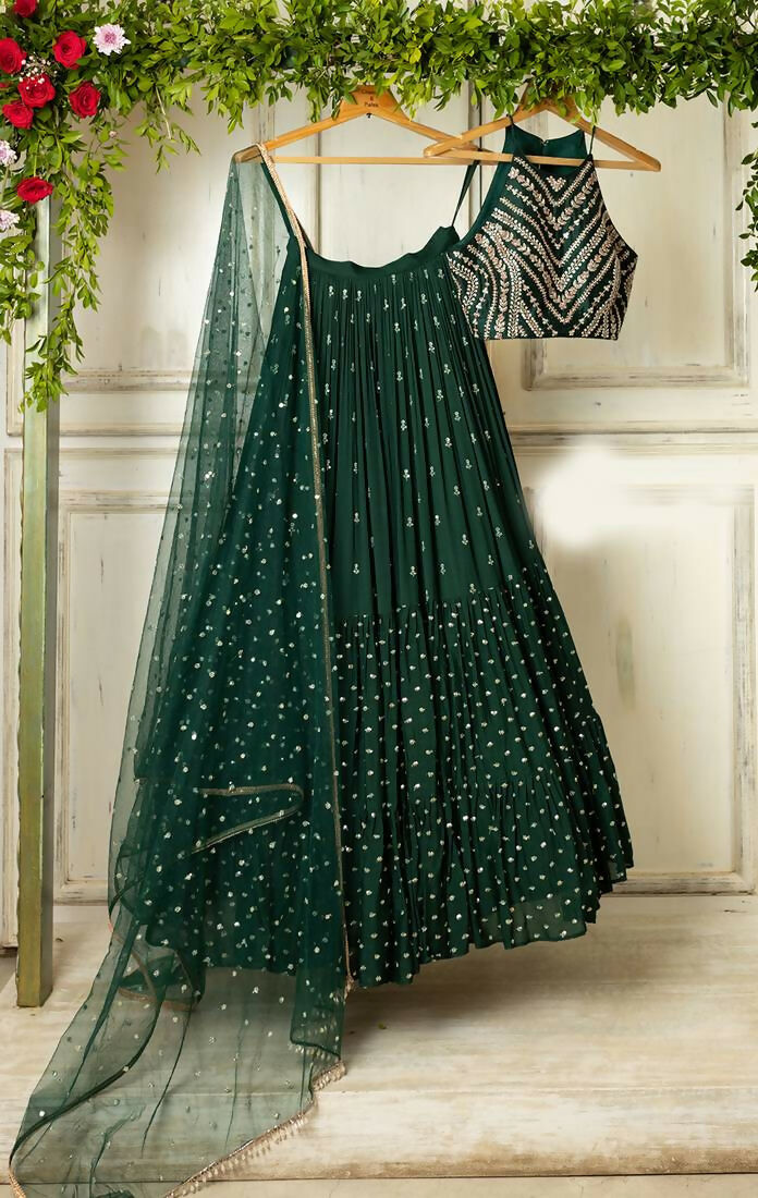 Jyoti Fashion Bottle Green Sequence Embroidery Georgette Designer Lehenga Choli with Dupatta | Grocsy