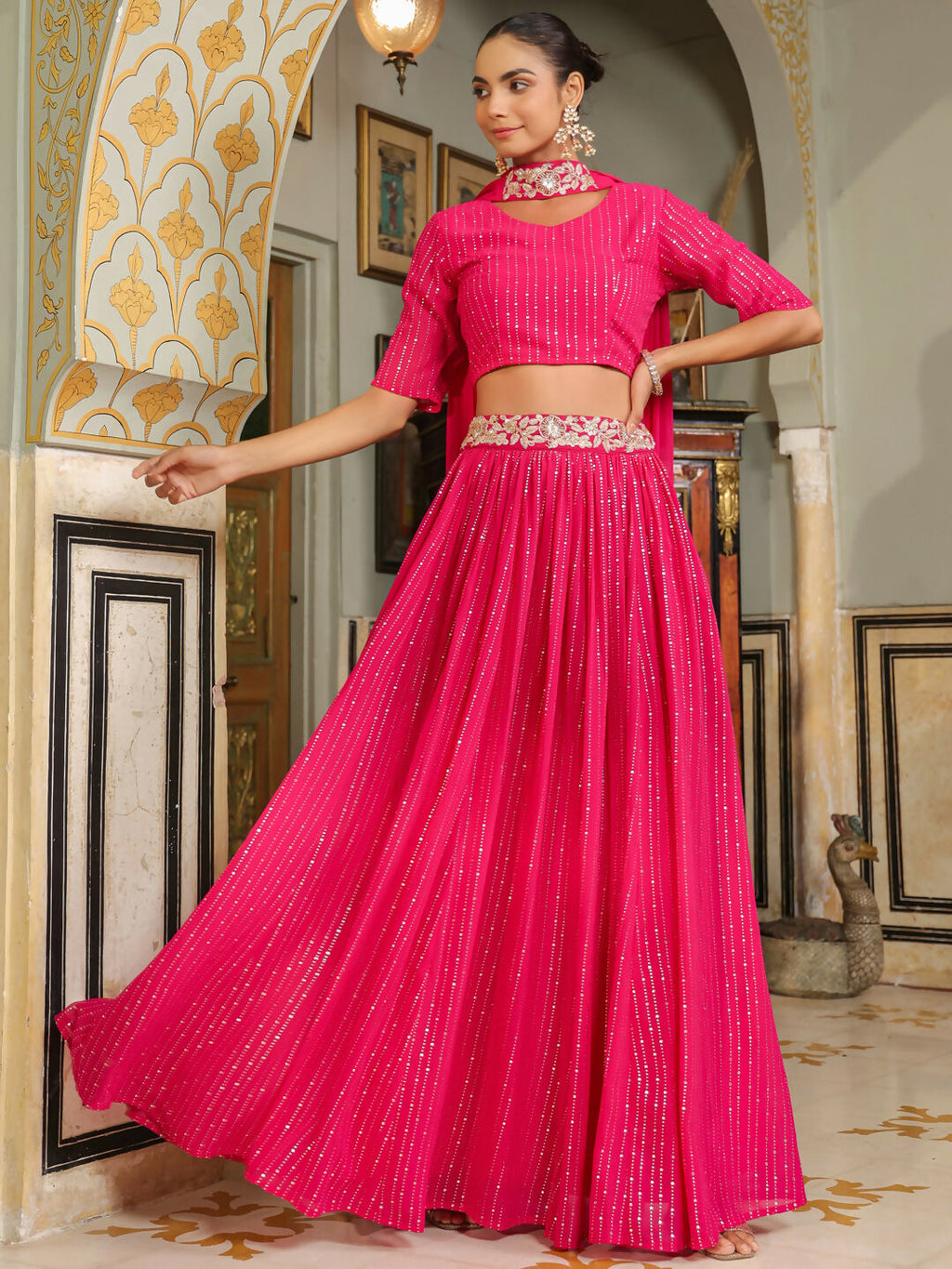 Janasya Pink Georgette Foil Print Lehenga Choli Dupatta | Grocsy