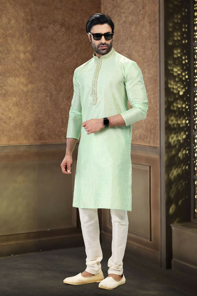 Raivat Ethnic Jacquard Art Silk Thread Work Kurta Pajama In Pista Green Colour | Grocsy