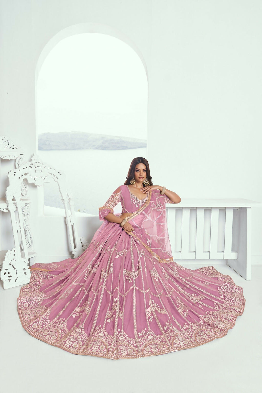 Eilara Glamorous Pink Thread Embroidered Work Net Wedding Lehenga Choli | Grocsy