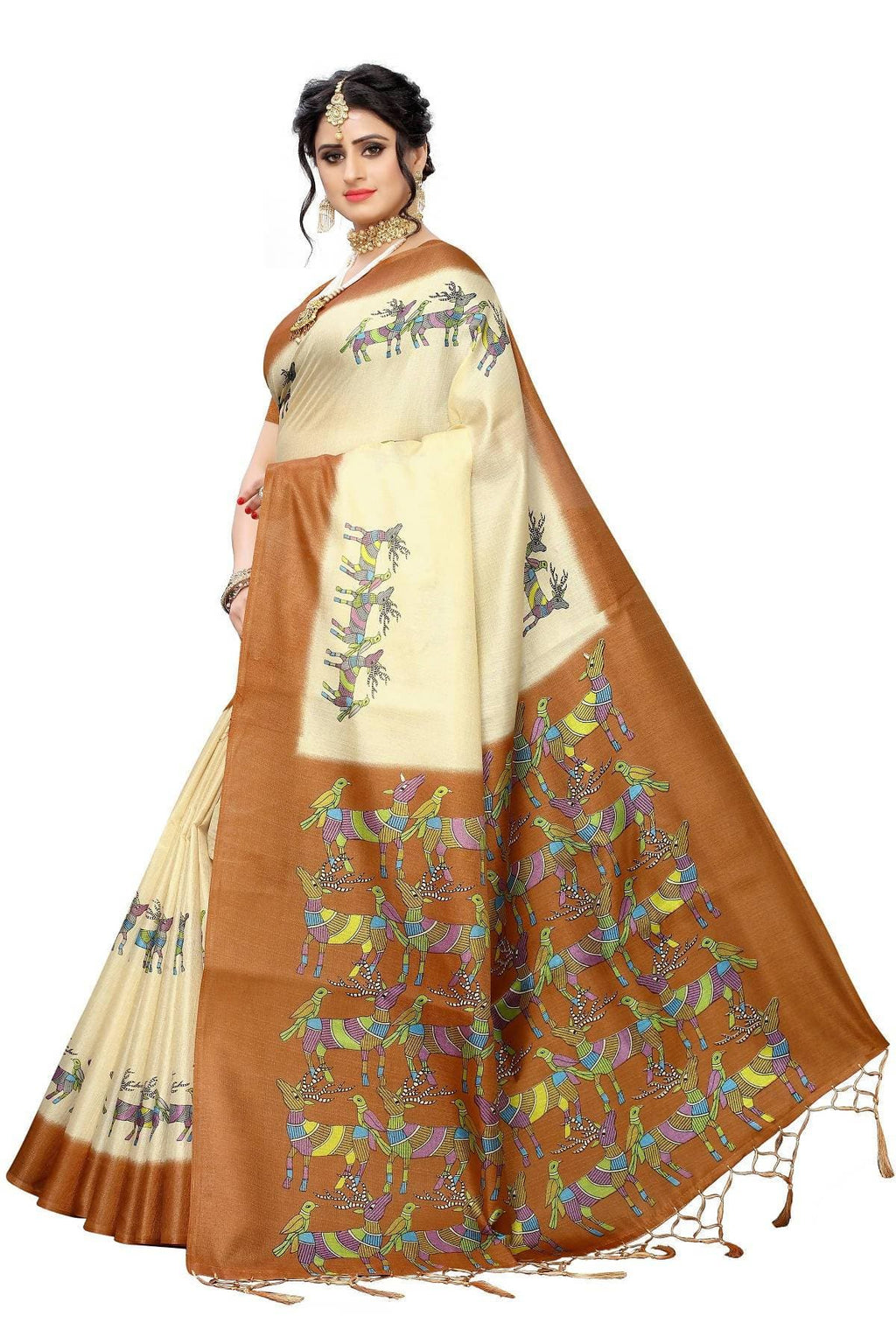 Vamika Multicolor & Brown Kalamkari With Jhalar Khadi Silk Saree | Grocsy