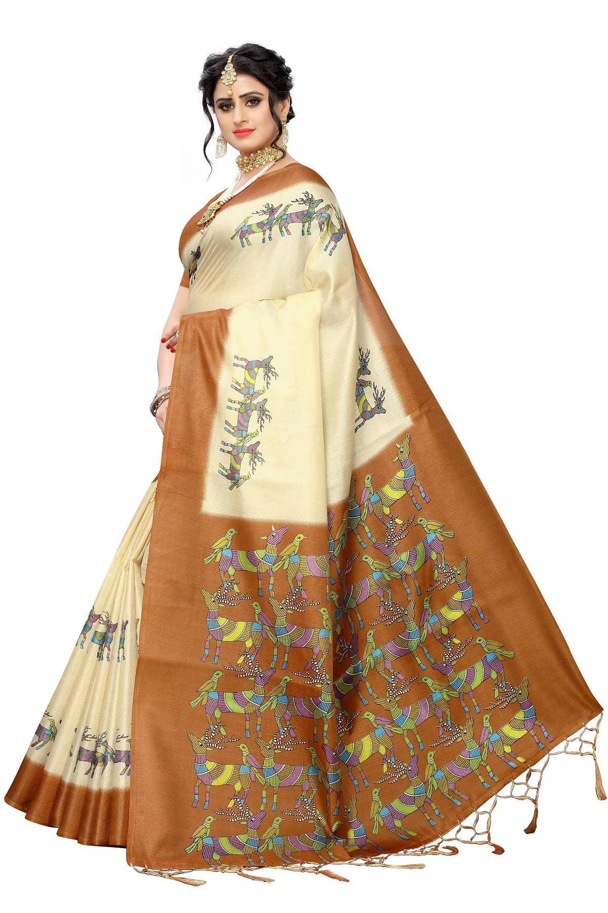 Vamika Multicolor & Brown Kalamkari With Jhalar Khadi Silk Saree | Grocsy