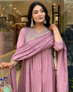 The52 Women's Beautiful Chinon Fabric Embroidery Work Flared Kurta Pant and Dupatta Set | Grocsy