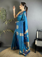Joban Fashion Blue Motifs Zari Weaving Soft Silk Banarasi Saree | Grocsy