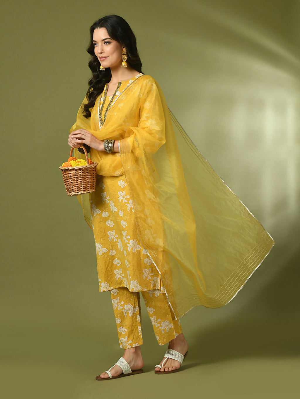 Myshka Women's Yellow Printed Cotton Straight Party Kurta Set With Dupatta | Grocsy