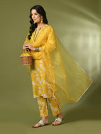 Myshka Women's Yellow Printed Cotton Straight Party Kurta Set With Dupatta | Grocsy