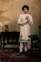 Falling Raw Silk Peach Gajavana Kurta Set By Hilo Design | Grocsy