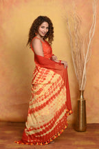 Very Much Indian Tie & Dye Handloom Mul Cotton Saree - Yellow Red | Grocsy