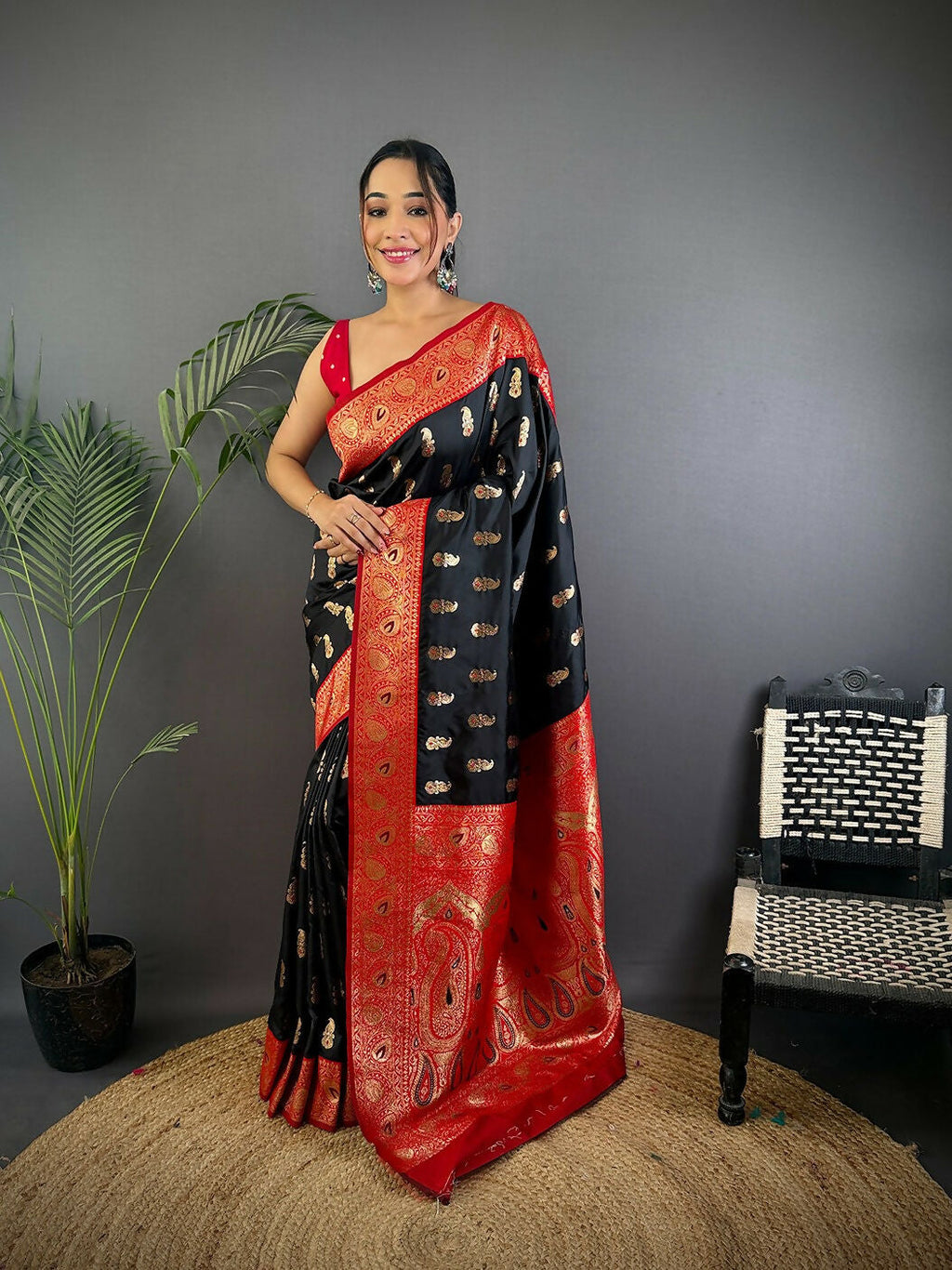 Joban Fashion Banarasi Black Woven Butti Soft Silk Saree | Grocsy
