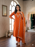 Teeya Creation New Womens Orange Straight Cut Kurta Set with Scalloped Embroidered Organza Dupatta Set | Grocsy